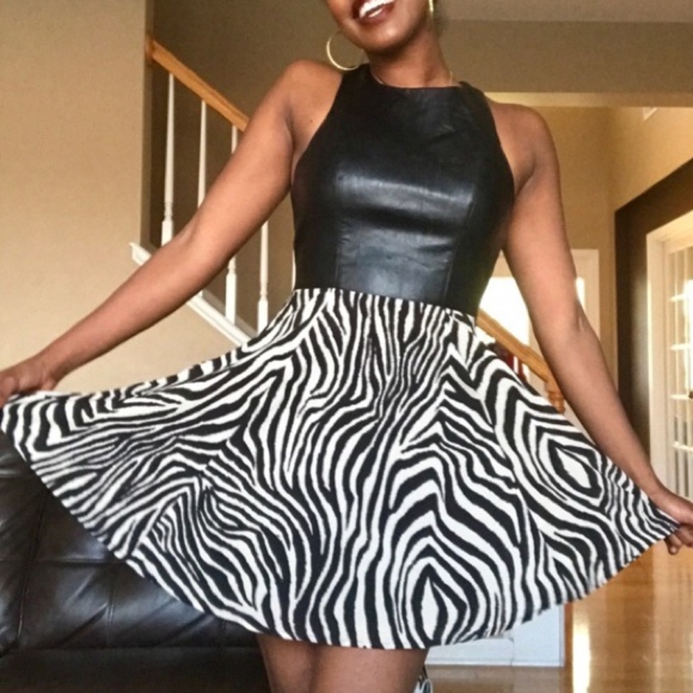 Faux leather & zebra animal print dress - S
